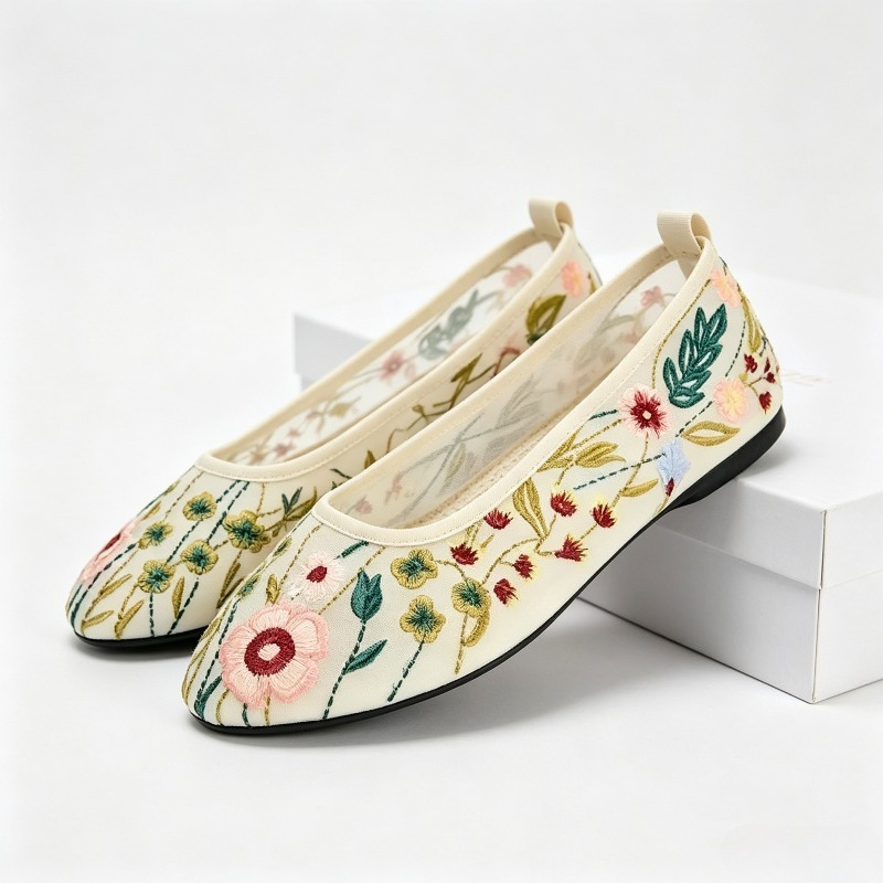 Round Toe Mesh Ballet Flats Sh - Embroidery Meaning review and price